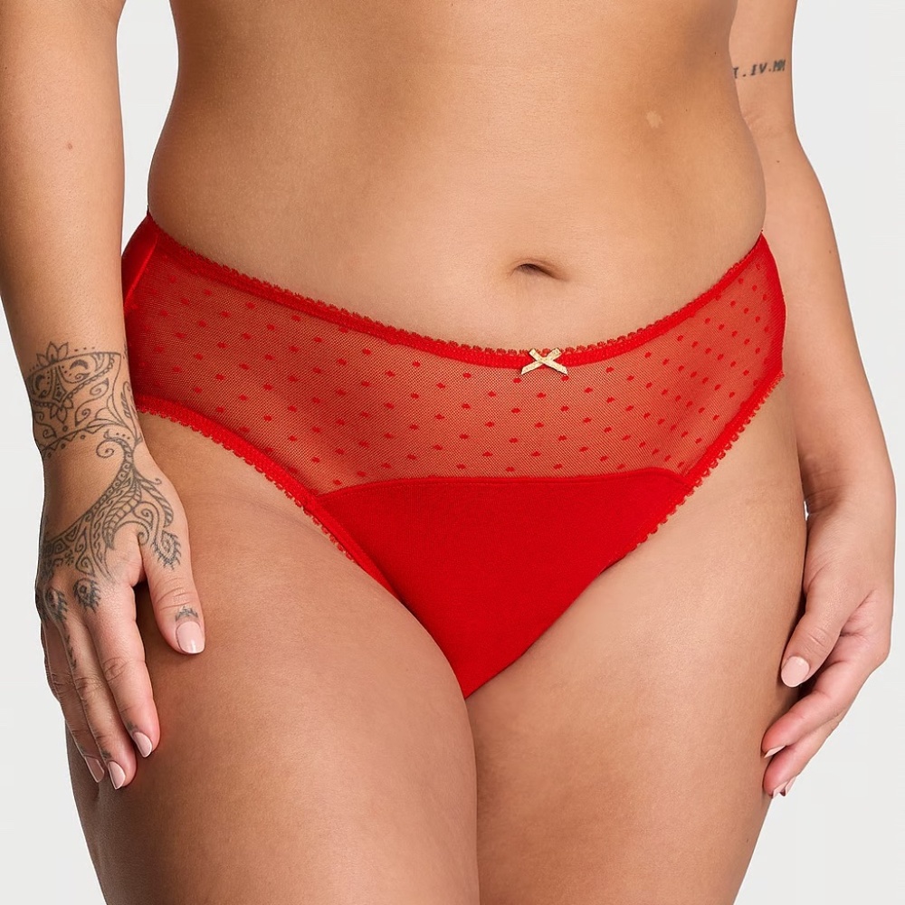Victoria's Secret Stretch Cotton Dot Mesh High-Leg Brief Panty Red Small NEW
